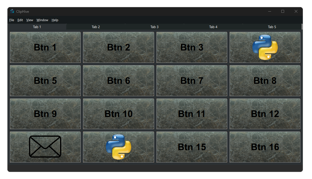 ClipHive showing a 4×4 grid of slot buttons on a stone-textured background